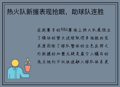 热火队新援表现抢眼，助球队连胜