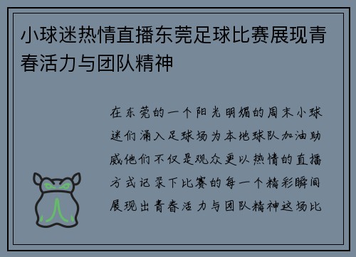 小球迷热情直播东莞足球比赛展现青春活力与团队精神