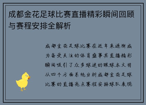 成都金花足球比赛直播精彩瞬间回顾与赛程安排全解析